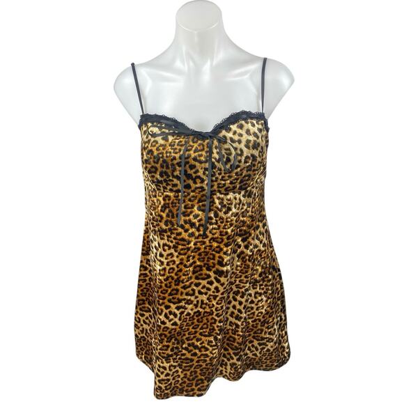 Forever 21 Tan Black Leopard Velvet Velour Sleeveless Lace Cami Slip Dress XL - Picture 1 of 5